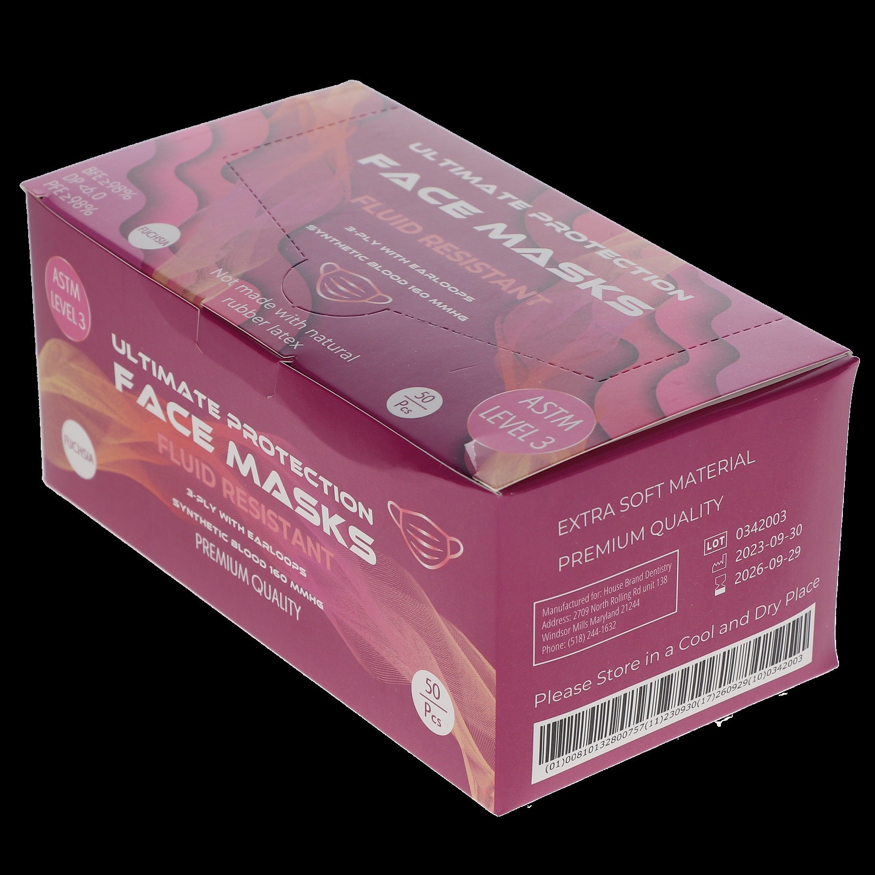 House Brand Dentistry 109133 HSB Earloop Face Masks 3-Ply ASTM Level 3 Fuchsia 50/Bx House Brand Dentistry 109133 HSB Earloop Face Masks 3-Ply ASTM Level 3 Fuchsia 50/Bx